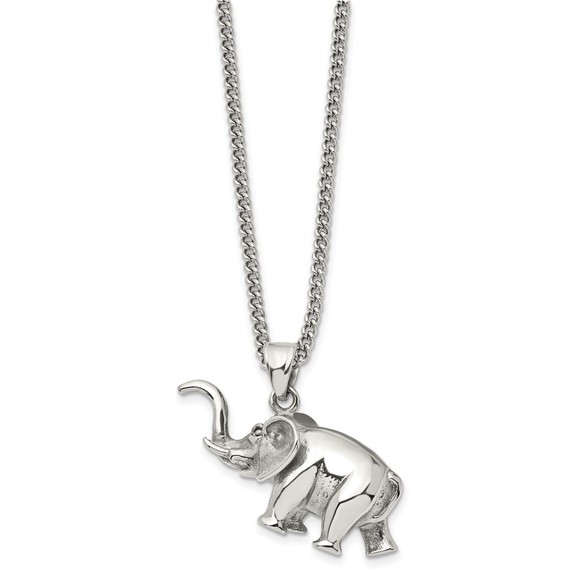 Stainless Steel Polished 3D Elephant Necklace Charm Pendant 24" Curb Chain - Picture 2 of 4